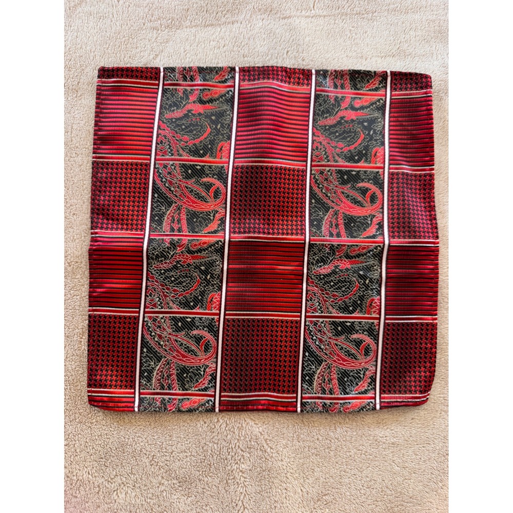 Red Black Paisley Houndstooth Striped Silk Feel Pocket Square Sz 9.5x9.5